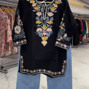 🌸 Elegant Multicolor Embroidered Black Kurti with Denim Pants – Fusion Chic Collection 🌼