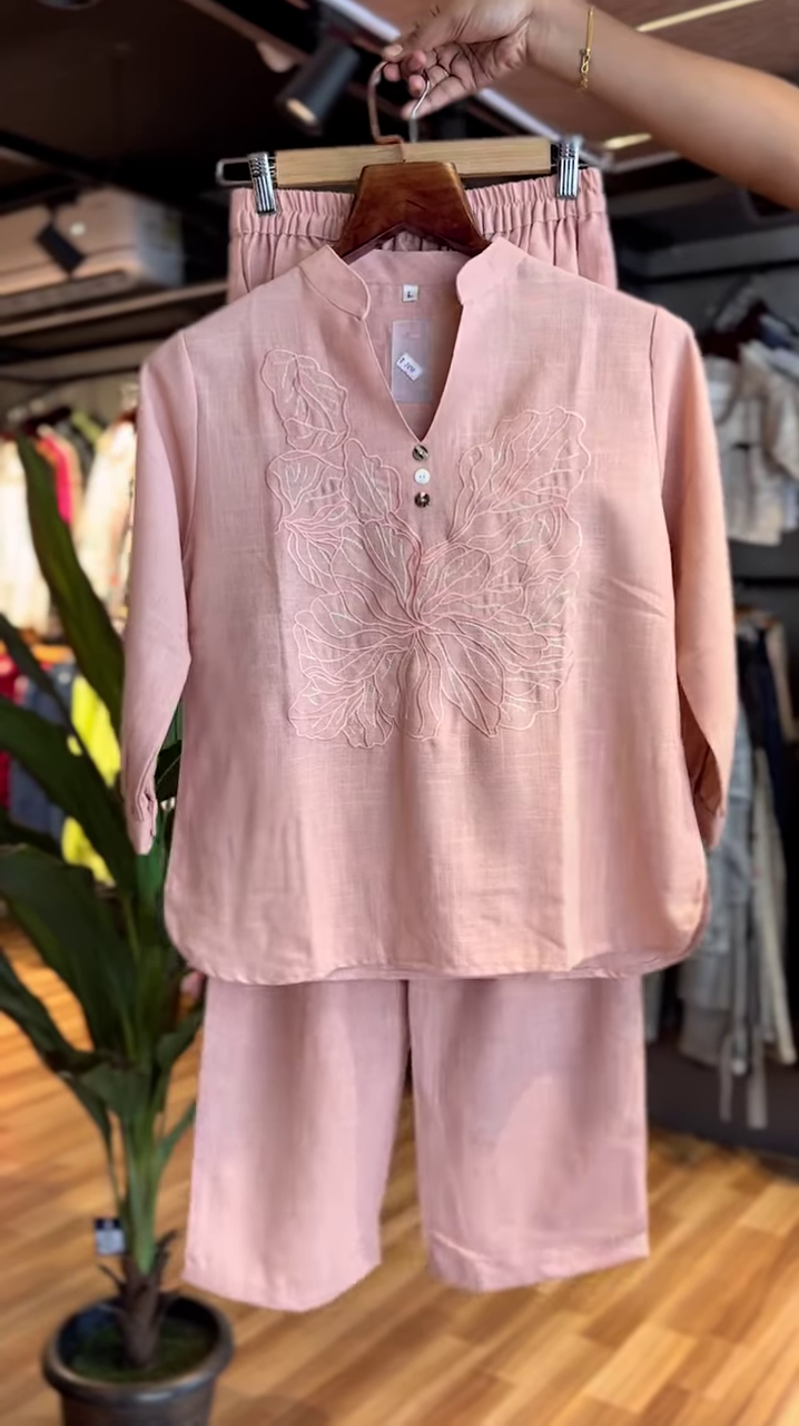 Blush Bloom Embroidered Co-ord Set – Effortless Charm in Every Thread