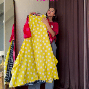 Vibrant Yellow Flowy Polka Dot Summer Dress by Pink Fort – Breezy A-Line Silhouette with White Dot Print