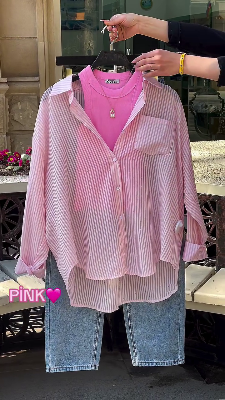 Trendy Pink Layered Shirt Set with Jeans - Image 2